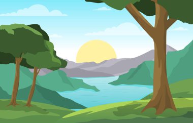 River Morning Gündoğumu Öğleden Sonra Günbatımı Dağ Ormanı Kırsal Manzara Çizimi