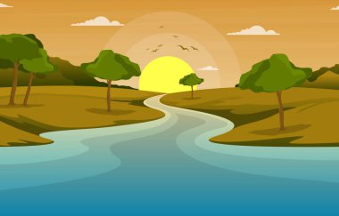 River Morning Gündoğumu Öğleden Sonra Günbatımı Dağ Ormanı Kırsal Manzara Çizimi