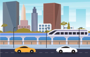 River Water City Modern Demiryolu Treni Skyline Tarihi Çizim