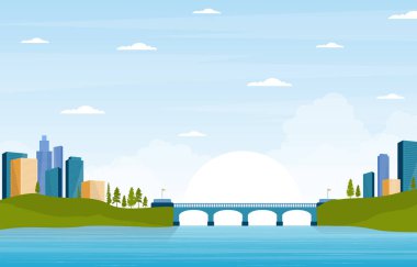 River Morning Gündoğumu Öğleden Sonra Günbatımı Köprü Şehri Skyline Çizelgesi Çizimi