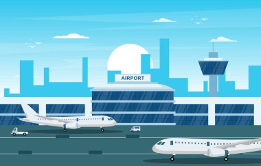 Runway Havaalanı Terminal Binası 'ndaki Uçak Uçağı Skyline Illustration