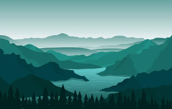 Winding River Mountain Forest Frumoasa Natura Rurala Peisaj Ilustrație — Vector de stoc