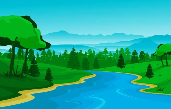 Winding River Mountain Forest Krásná Venkovská Příroda Krajina Ilustrace — Stockový vektor