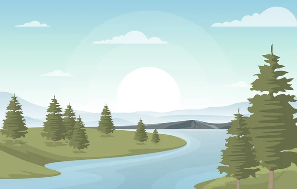 Winding River Mountain Forest Krásná Venkovská Příroda Krajina Ilustrace — Stockový vektor