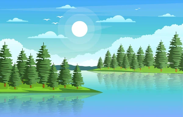 Bosque Montaña Río Sinuoso Hermosa Naturaleza Rural Paisaje Ilustración — Archivo Imágenes Vectoriales