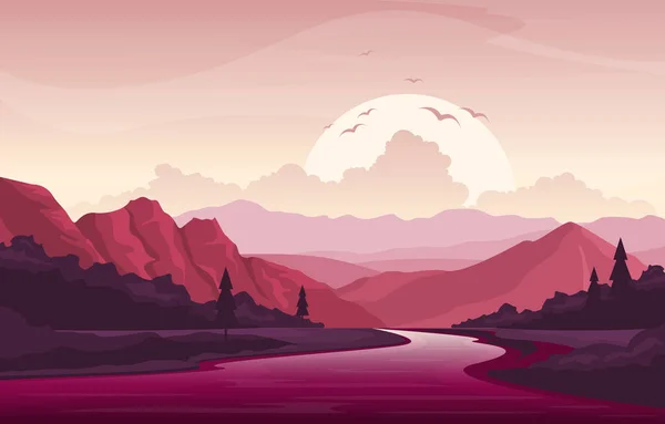 川の朝日の出午後日没山の森農村風景イラスト — ストックベクタ
