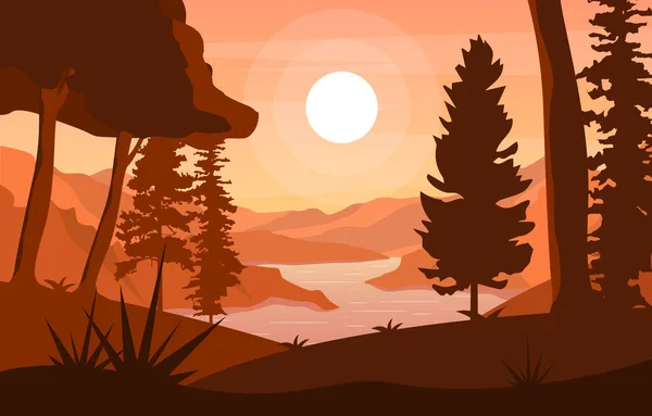 川の朝日の出午後日没山の森農村風景イラスト — ストックベクタ