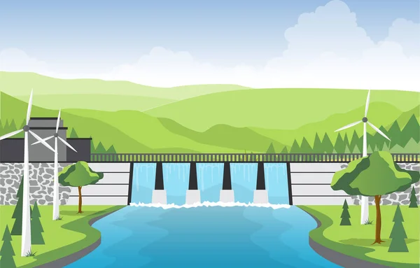 Rivier Water Stromende Dam Stad Modern Gebouw Bezienswaardigheid Illustratie — Stockvector