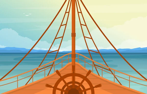 Deniz Okyanusu Peyzajı Görünümü Kaptan Gemi Tekerleği Seyir Güvertesi Çizimi — Stok Vektör