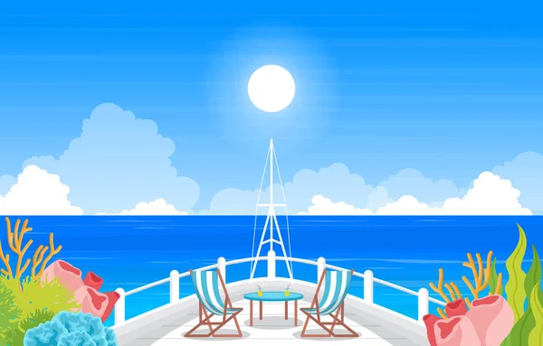 Cadeira Tabela Vista Paisagem Oceano Mar Ilustração Plataforma Navio Cruzeiro — Vetor de Stock