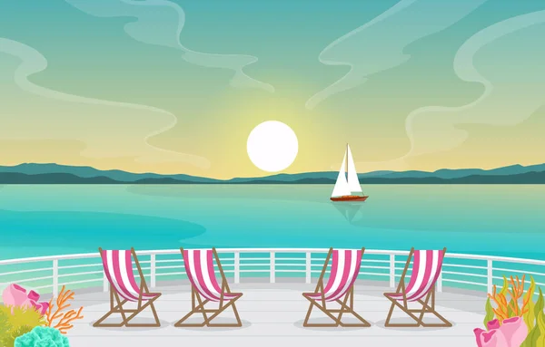 Sonnenuntergang Sonnenaufgang Meer Ozean Landschaft Blick Auf Kreuzfahrtschiff Deck Illustration — Stockvektor