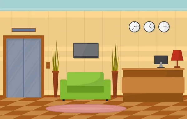 Resepsiyondaki Otel Kontrolü Lobi Odası Mobilya Görünümü — Stok Vektör