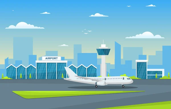 Runway Havaalanı Terminal Binası Ndaki Uçak Uçağı Skyline Illustration — Stok Vektör