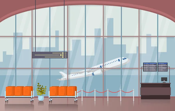 Aeropuerto Avión Terminal Puerta Sala Espera Hall Interior Ilustración Plana — Vector de stock