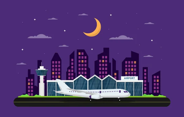 Avión Plano Pista Aeropuerto Terminal Edificio Paisaje Skyline Ilustración — Vector de stock