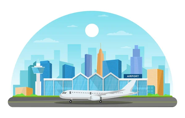 Avión Plano Pista Aeropuerto Terminal Edificio Paisaje Skyline Ilustración — Vector de stock