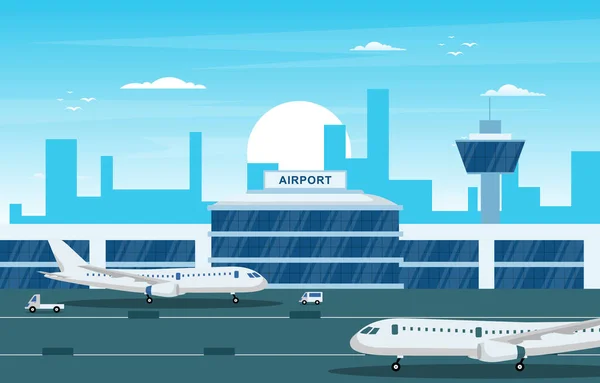 Aereo Aereo Pista Aeroporto Terminal Building Paesaggio Skyline Illustrazione — Vettoriale Stock