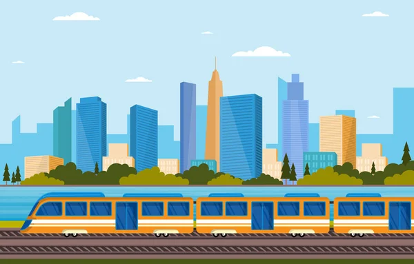 Spoorweg Kant Openbaar Vervoer Woon Werkverkeer Metro Trein Landschap Illustratie — Stockvector