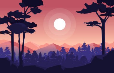 Sakin Dağ Ormanı Vahşi Doğa Sahnesi Tek Renkli Çizim