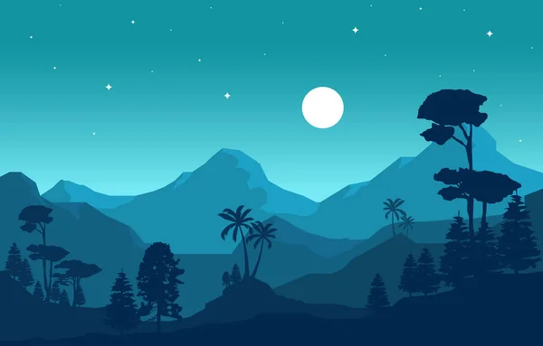 Večerní Klidný Horský Les Divoká Příroda Krajina Monochromatický Ilustrace — Stockový vektor