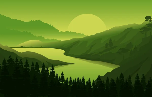 Сансет Горный Лес Дикая Природа Пейзаж Монохромная Иллюстрация — стоковый вектор