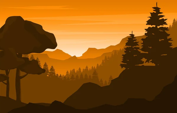 穏やかな山の森野生自然風景モノクロームイラスト — ストックベクタ