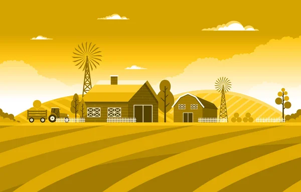 Agriculture Wheat Field Farm Rural Nature Scene Landscape Illustration — Stock Vector