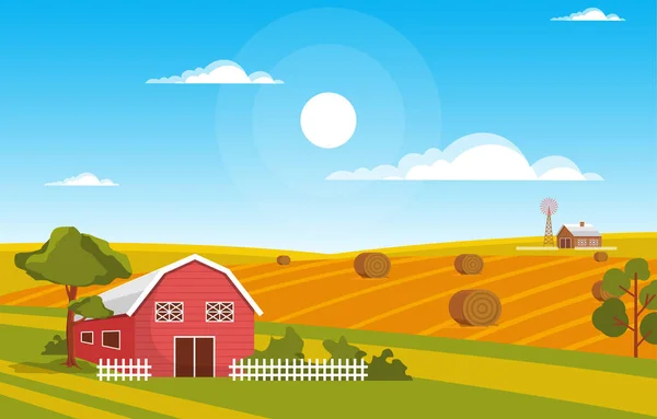 Agriculture Wheat Field Farm Rural Nature Scene Landscape Illustration — Stock Vector