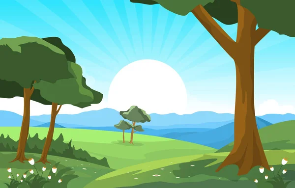 Été Lever Soleil Vert Nature Champ Terre Ciel Paysage Illustration — Image vectorielle