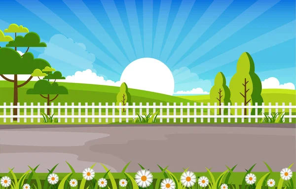 Letní Východ Slunce Green Nature Field Land Sky Landscape Illustration — Stockový vektor