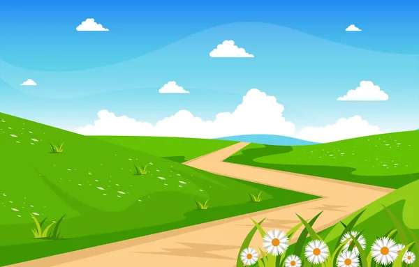 Summer Fresh Green Nature Field Land Sky Tájkép Illusztráció — Stock Vector