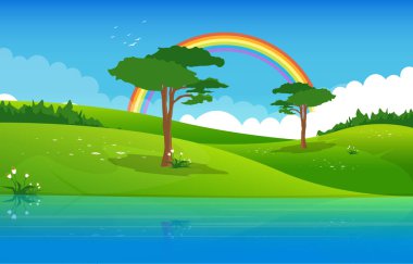 Yaz Gölü Yeşil Doğa Arazi Gökyüzü Manzarası Çizimi