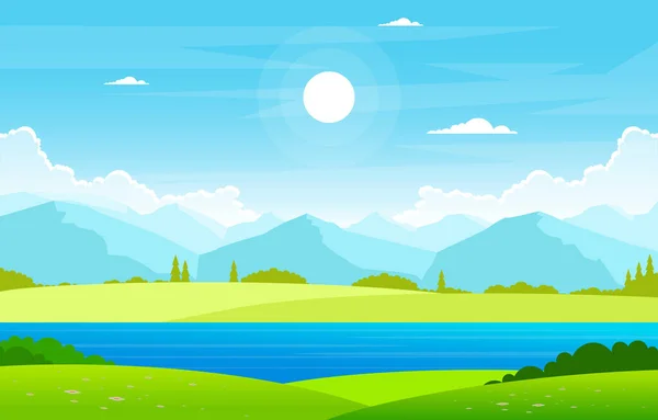 Verano Lago Verde Naturaleza Campo Tierra Cielo Paisaje Ilustración — Vector de stock