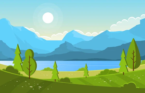 Summer Lake Green Nature Field Land Sky Landscape Illustration — Stock Vector