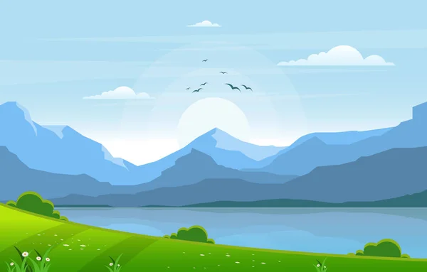 Verano Lago Verde Naturaleza Campo Tierra Cielo Paisaje Ilustración — Vector de stock