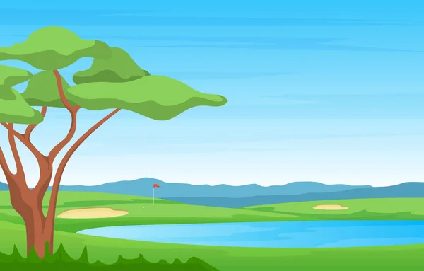 Campo Golf Bandera Estanque Hierba Árbol Deportes Aire Libre Paisaje — Archivo Imágenes Vectoriales