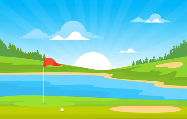 Golf Pálya Zászló Fűfélék Kültéri Sport Tájkép — Stock Vector