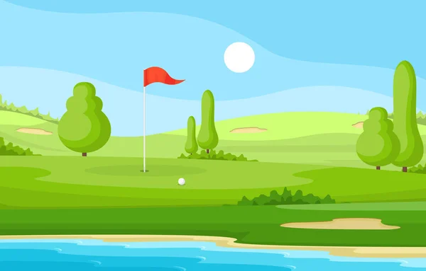 Campo Golf Bandera Estanque Hierba Árbol Deportes Aire Libre Paisaje — Vector de stock