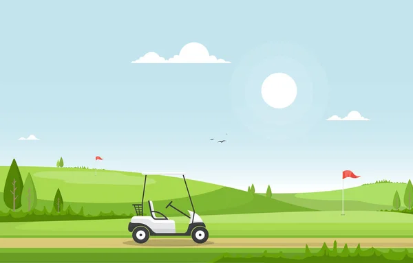 Golfplan Flagga Vagn Gräs Trädgård Utomhus Sport Landskap — Stock vektor