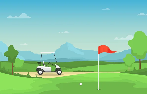 Golf Field Flag Cart Fűfélék Kültéri Sport Tájkép — Stock Vector