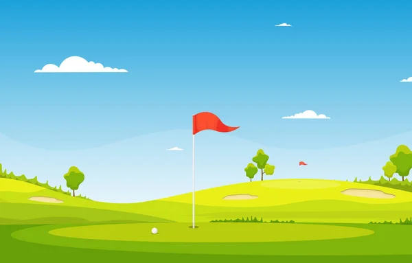 Golf Field Flag Green Grass Tree Outdoor Sport Landscape — Stock Vector
