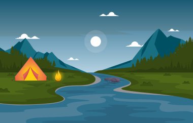 Kamp Macerası Açık Park Nehir Doğası Çizgi Filmi Çizimi