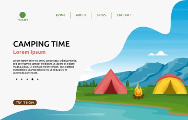 Kamp Macerası Gölü Doğa Manzarası Çizgi Film İniş Sayfası Şablonu