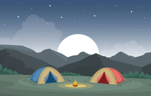 Camping Adventure Outdoor Park Mountain Nature Landscape Cartoon Illustration — 스톡 벡터