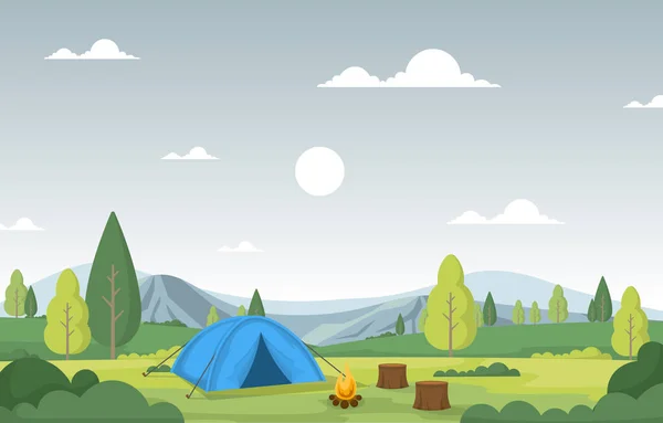 Camping Adventure Outdoor Park Mountain Nature Landscape Cartoon Illustration — 스톡 벡터