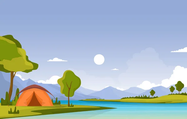 Camping Adventure Outdoor Park River Příroda Krajina Kreslený Ilustrace — Stockový vektor