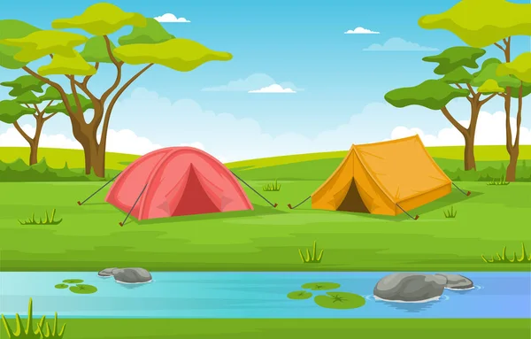 Camping Adventure Outdoor Park River Természet Tájkép Rajzfilm Illusztráció — Stock Vector