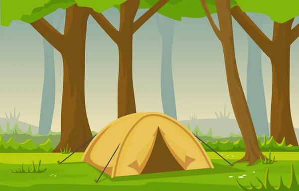 Camping Adventure Outdoor Park Woods Nature Landscape Cartoon Illustration — 스톡 벡터