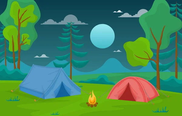 Camping Adventure Outdoor Park Woods Nature Landscape Cartoon Illustration — 스톡 벡터