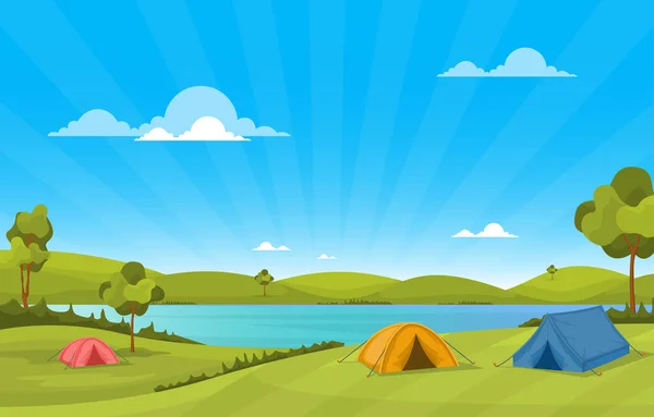 Camping Adventure Outdoor Park Lake Nature Tájkép Rajzfilm Illusztráció — Stock Vector